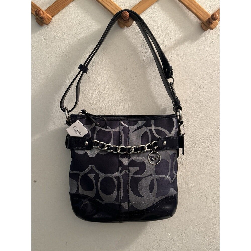 Coach Moto Optic Metallic Signature Chain Navy Shoulder Crossbody Bag F19820 NWT